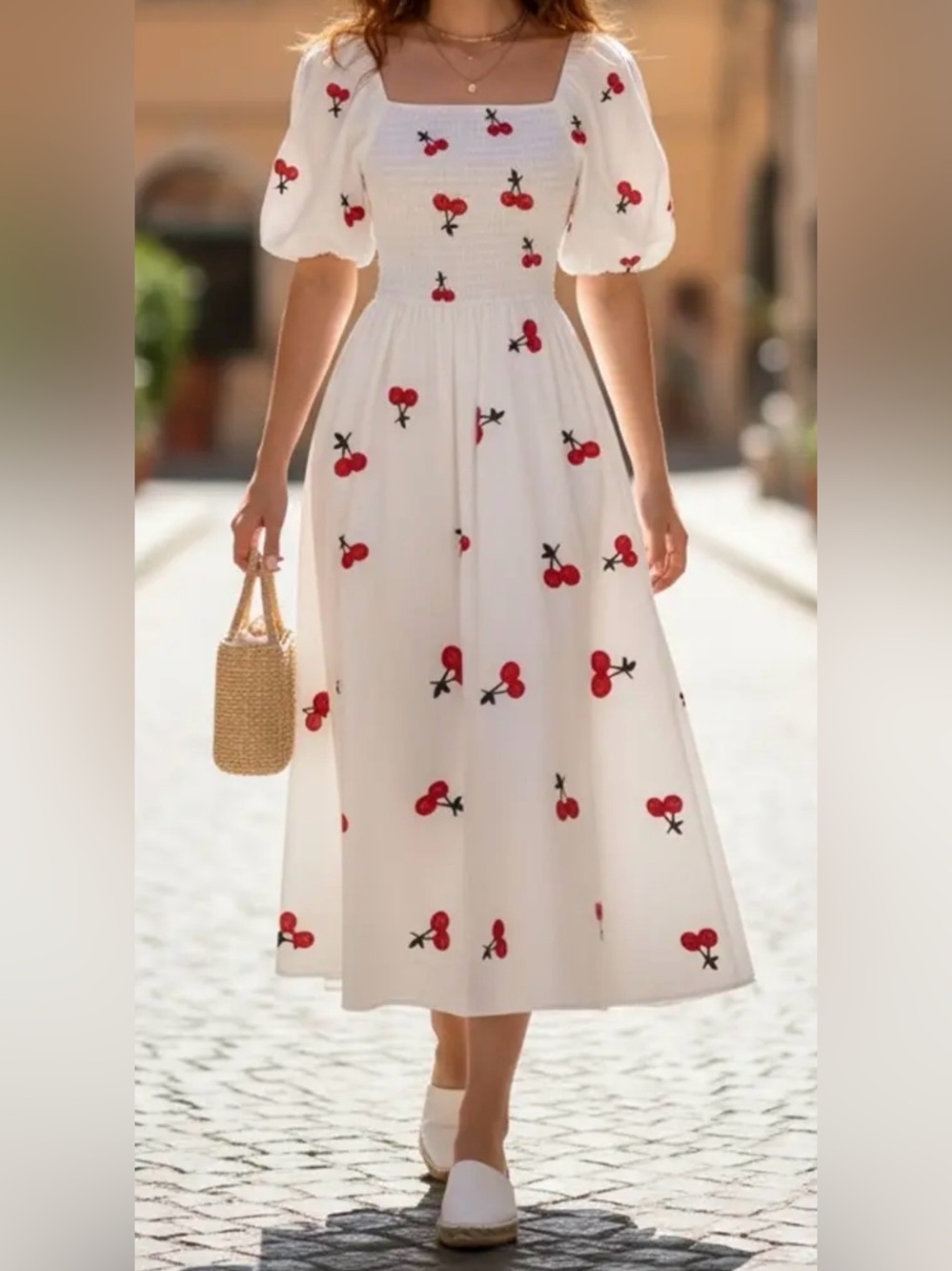 White Cherry Print dress / summer style / elegant dresses